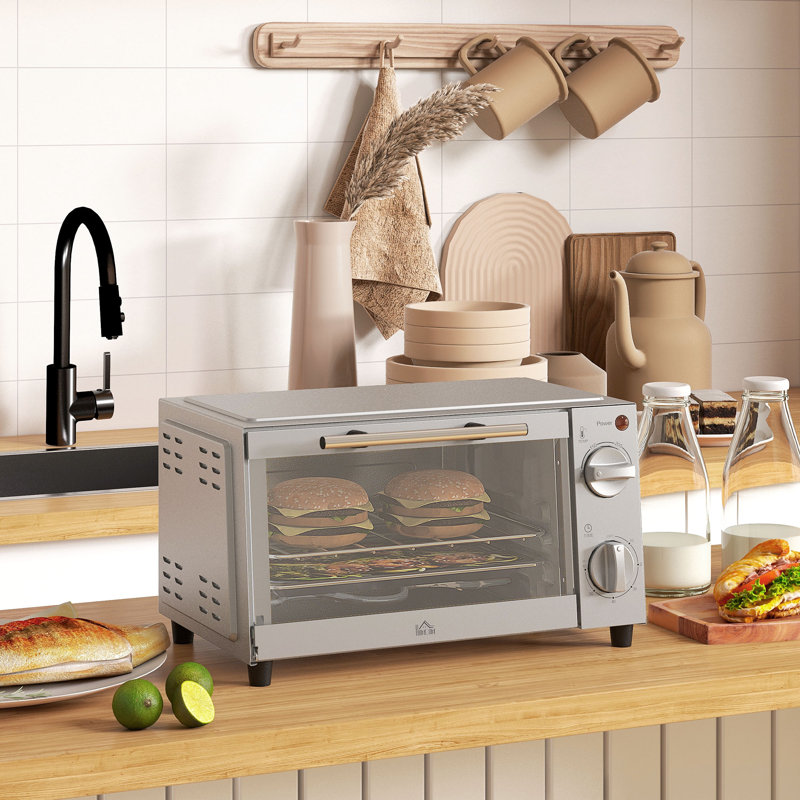 HOMCOM Mini Oven, 9L Countertop Electric Grill, Toaster Oven with Adjustable Temperature, Timer, Baking Tray and Wire Rack, 750W