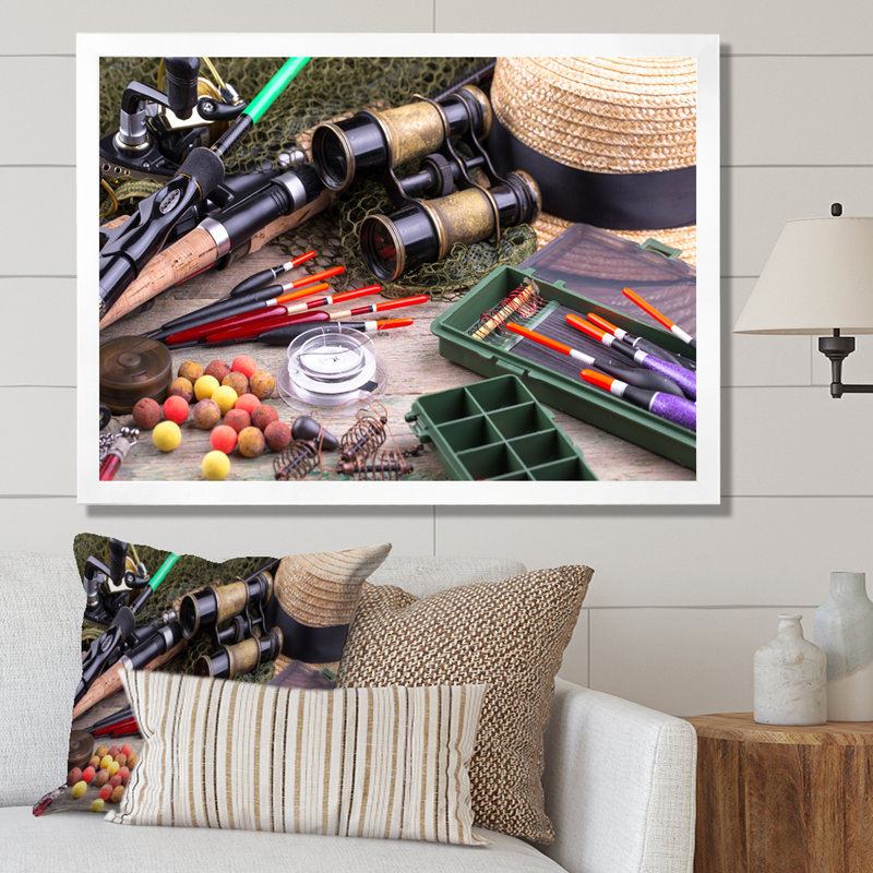 Articles de pêche sur toile, H 24 po x l 32 po x P 1 po, Cadre simple blanc