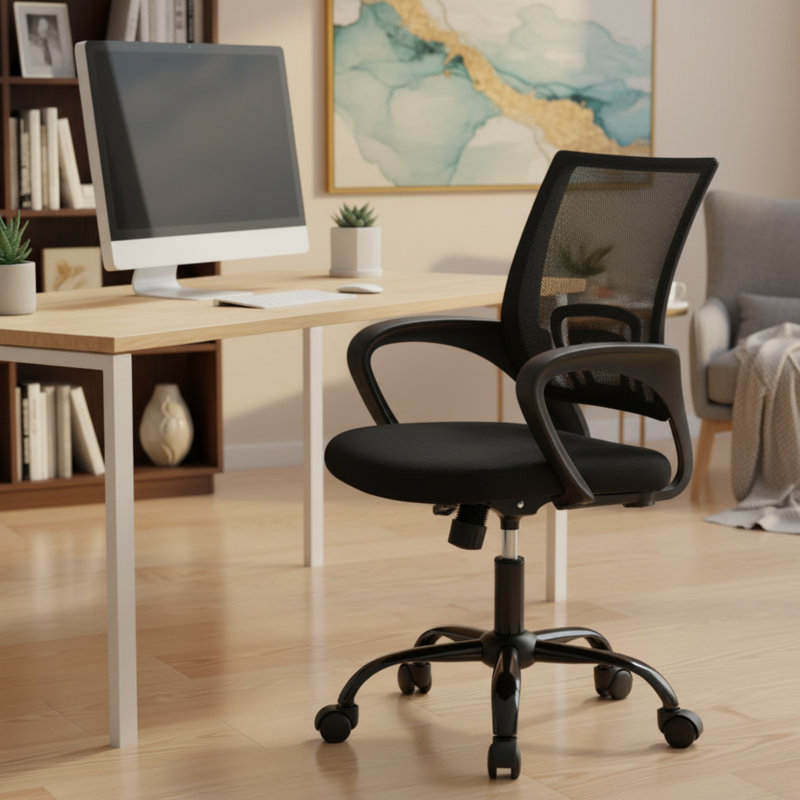 Chaise de bureau noire avec accoudoirs, conception ergonomique, hauteur de soutien lombaire réglable, modèle à usage domestique.