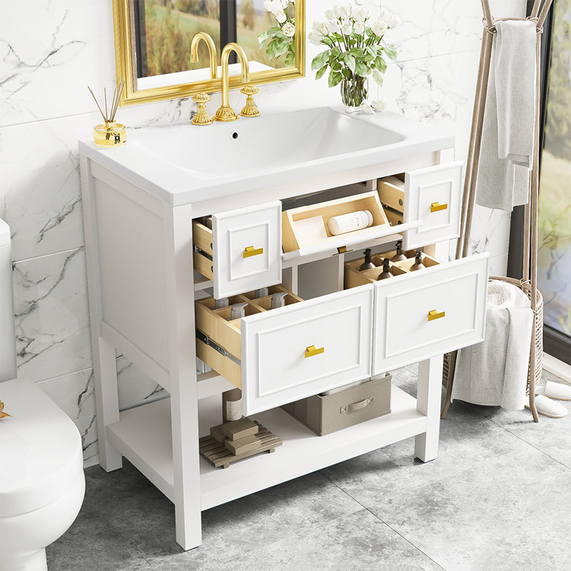 Ensemble de meuble-lavabo simple avec 5 tiroirs, Blanc