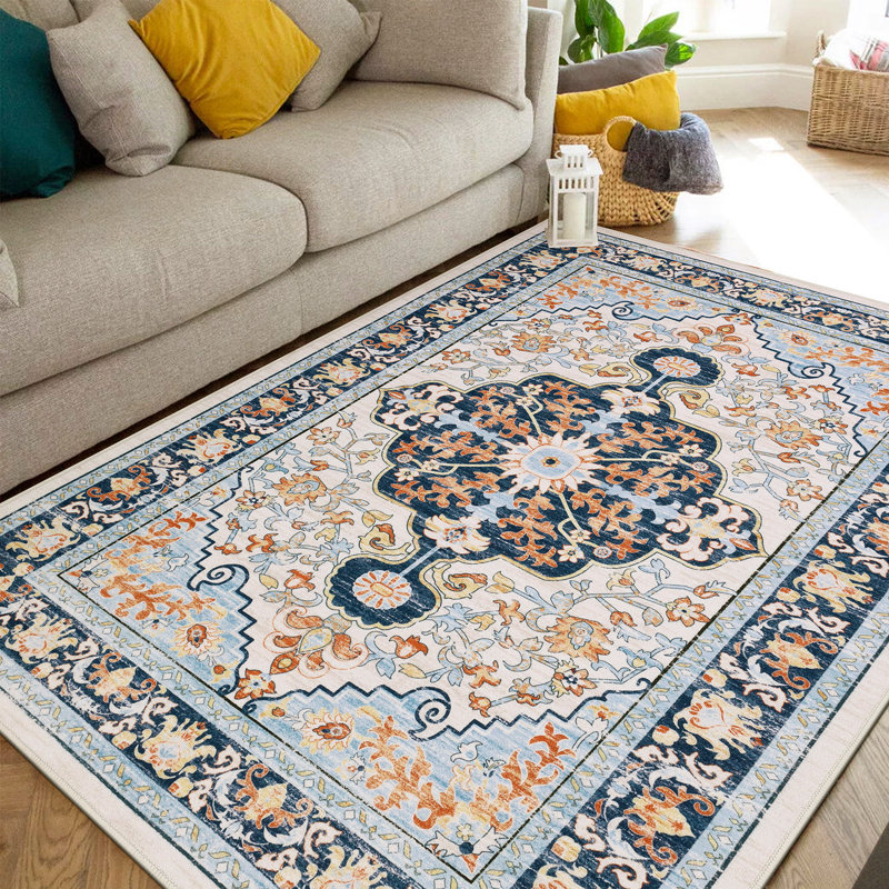 Boho Oriental Area Rug Non-slip Washable Low Pile Carpet, Blue, Rectangle 3'× 5'