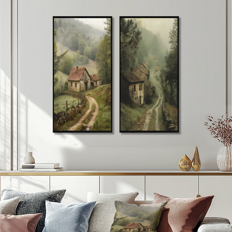 Ensemble de 2 pièces d'art mural vert paysage vert, H 28 po x l 24 po, Cadre flottant noir