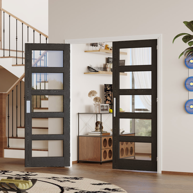 Slab Double Doors - 5 Lite Clear Glass MDF Interior Doors In Black, Paintable Finish (Handle, Hinges, Latch & Lock Set Included)