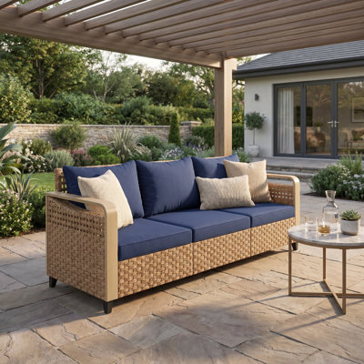 Ensemble de canapé d'extérieur Pation - Canapé de jardin brun et bleu foncé en osier avec coussins, 76,4 po de largeur