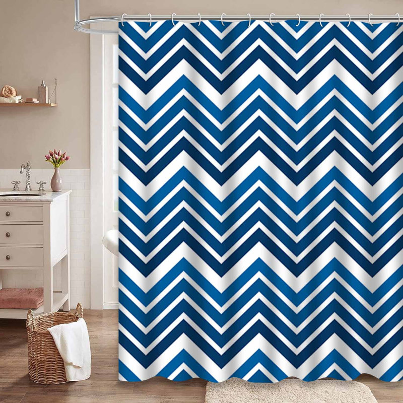 Rideau de douche bleu à motif géométrique bleu et zigzag avec 12 crochets, L 72 po x l 78 po