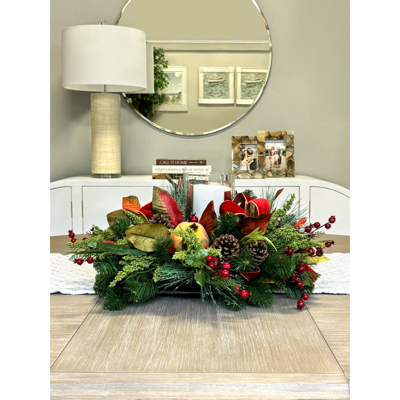 Holiday Candleholder Arrangement with Evergreens and Pinecones