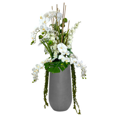 Arrangement d'orchidées avec allium et delphinium
