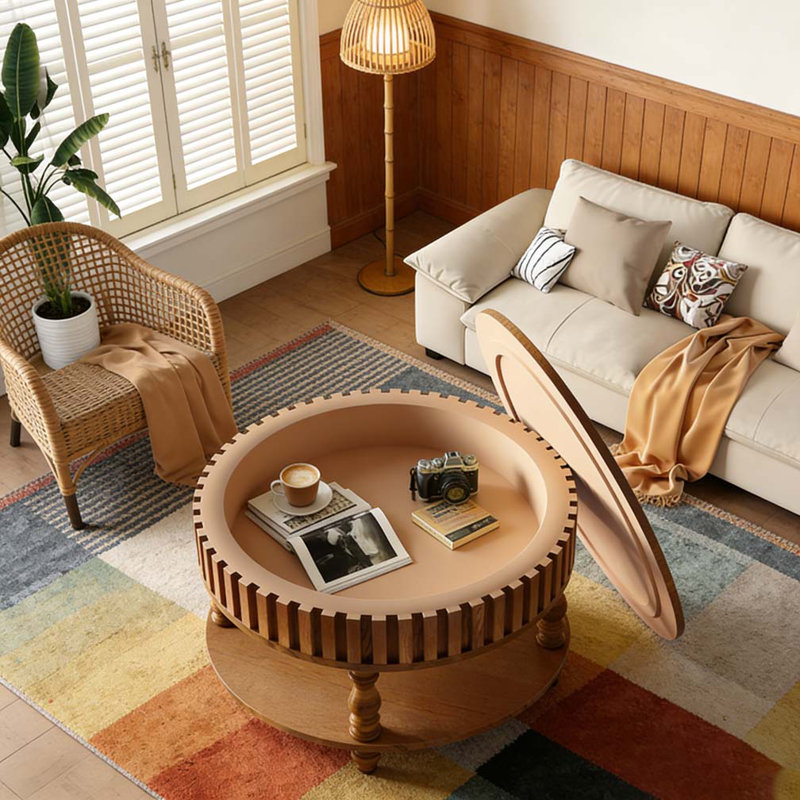 Pieds en bois massif avec couvercle rabattable pour table basse Farmhouse, Noyer brun
