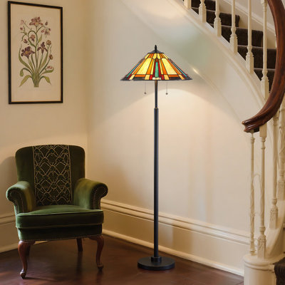 Lampe sur pied 59 po. Style Tiffany, abat-jour géométrique en verre coloré, 2 lumières, chaînette