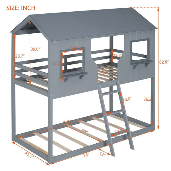 Harper Orchard Twin Over Twin Bunk Bed Wood Bed with Roof, Window ...