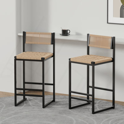 Kitchen Bar Stools With Footrest Set Of 2 Paper Rope Weave Dining Chairs Counter Height Barstool