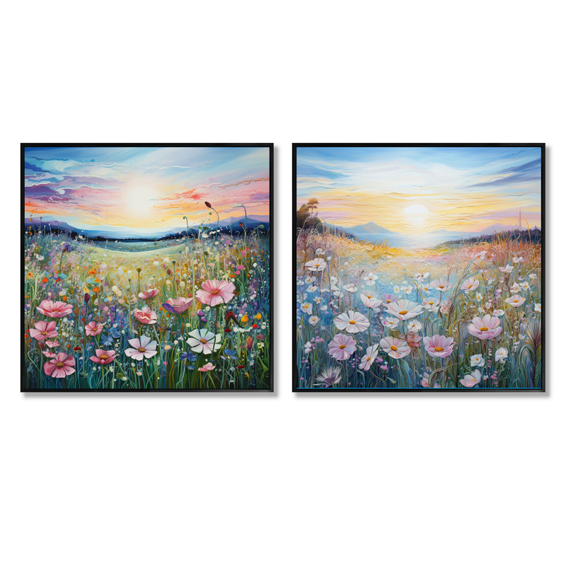 Fleurs roses dans un paysage de vallée - ensemble de 2 collages carrés, Cadre flottant noir, H 30 po x l 61 po