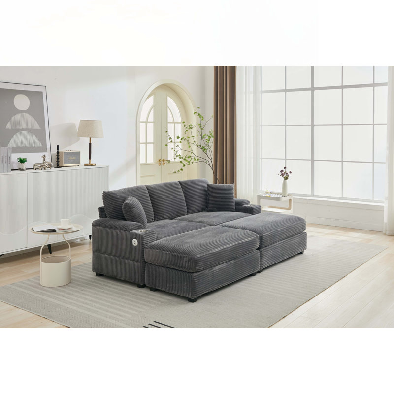 Canapé-lit modulaire convertible modulaire avec porte-gobelet en acier inoxydable, USB, Velours côtelé gris