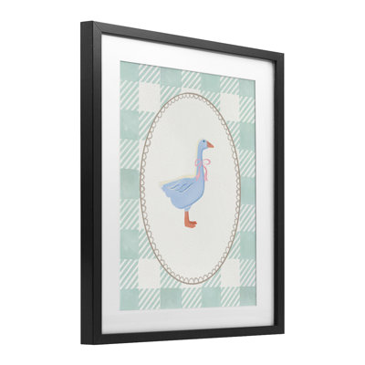 Goose on Soft Green Plaid Framed Print Under Glass, design by The Paper Curator