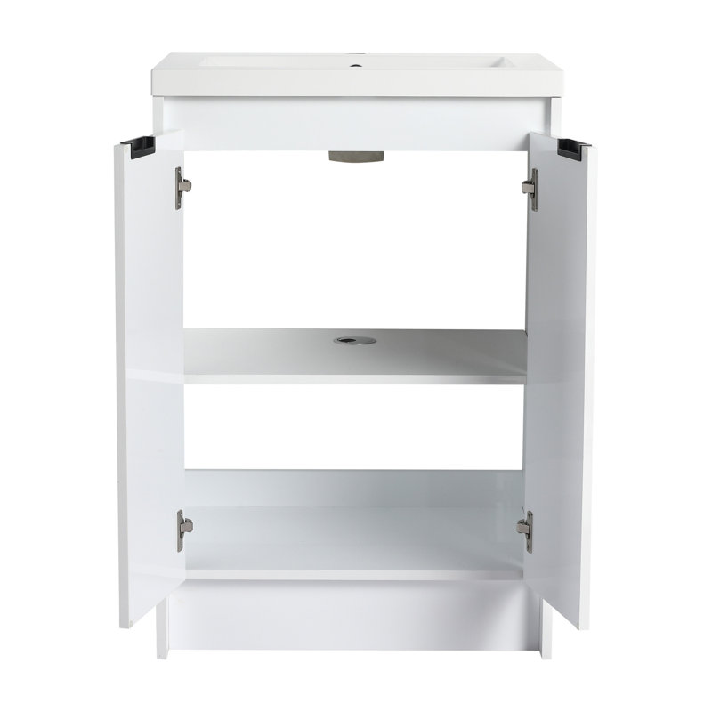 Meuble-lavabo autoportant de 36 po avec lavabo en résine, 1 armoire, système de fermeture en douceur, mobilier blanc brillant, base en contreplaqué, design contemporain, tablettes réglables, charnières silencieuses, titre d'entretien facile