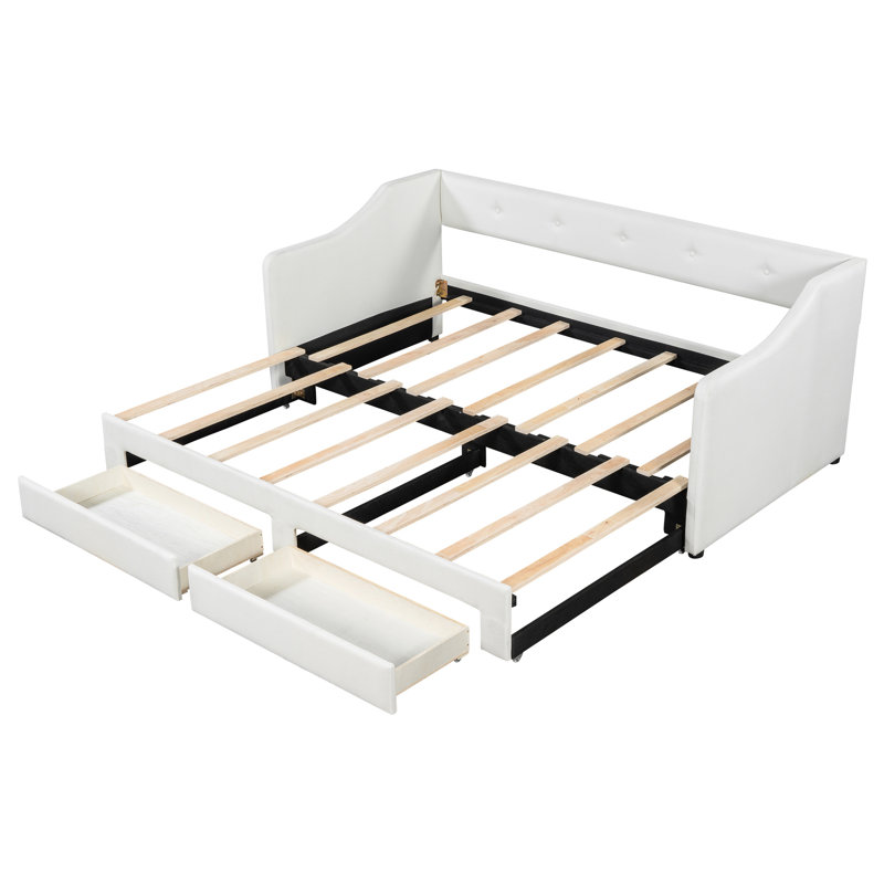 Lit simple TG, très grand, beige, lit de jour rembourré, deux tiroirs de rangement, sièges moelleux et lattes en bois pour le soutien extensible, très grand confort, accoudoirs à dossier optimal, sans sommier