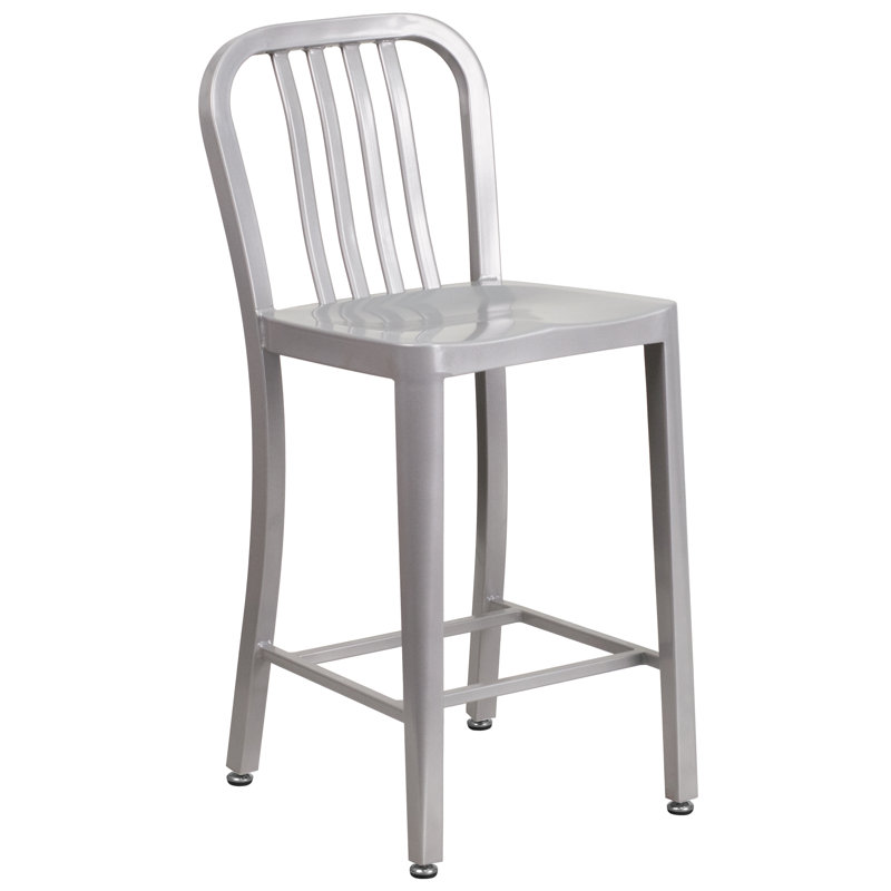 Commercial Grade Metal Indoor-Outdoor Stool with Vertical Slat Back, Silver, Counter Stool (61cm Seat Height)