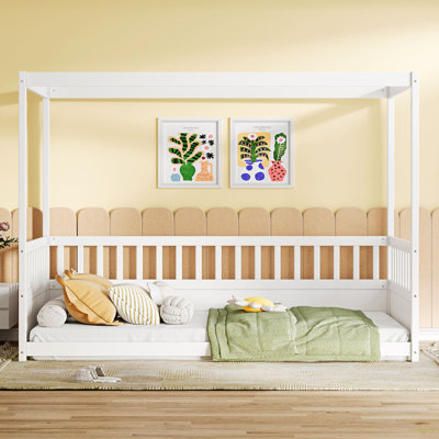 Twin Size Canopy Bed Frame With Guardrails For Kids,Floor Bed Twin With Four Poster Design,Kids Montessori Floor Bed,Wood Canopy Bed Frame ,(Twin)