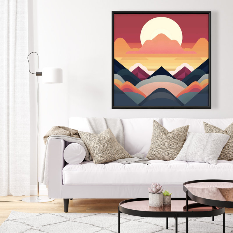 Symmetrical Mountain - Blue Framed Canvas Home Decor Art