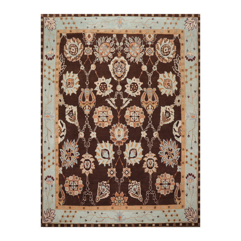 Tapis beige / brun en laine noué à la main de conception unique 9 pi 2 po x 12 pi 1 po Gaije