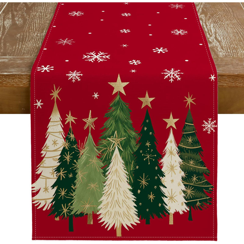 Christmas Table Runner 13X72 Inch, Xmas Trees Snowflakes Winter Holiday Decorative Farmhouse Table Decorations For Kitchen Dinning, Indoor Outdoor Dinner Party Decor GT150-72