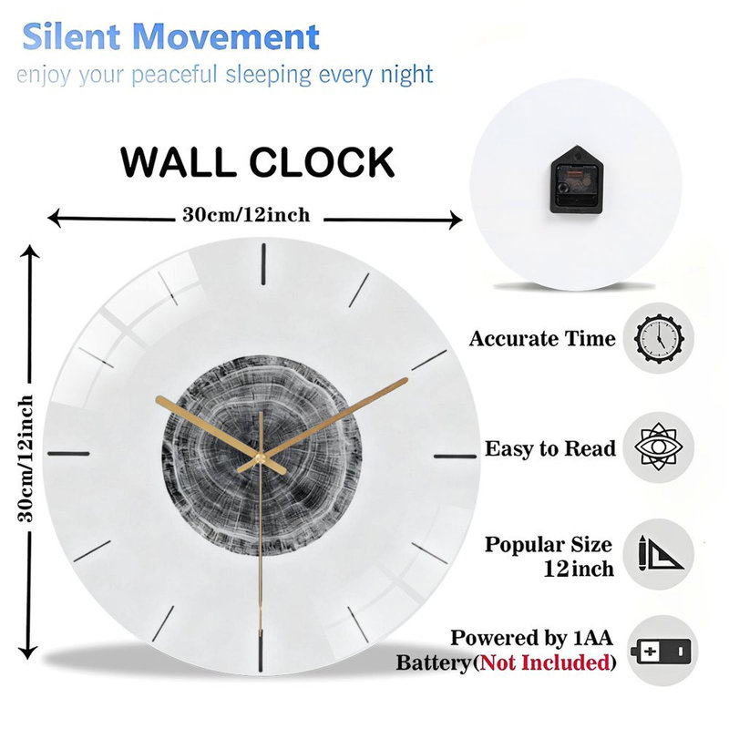 Horloge murale 12 po ronde en verre trempé avec mouvement à quartz silencieux, Gris anthracite