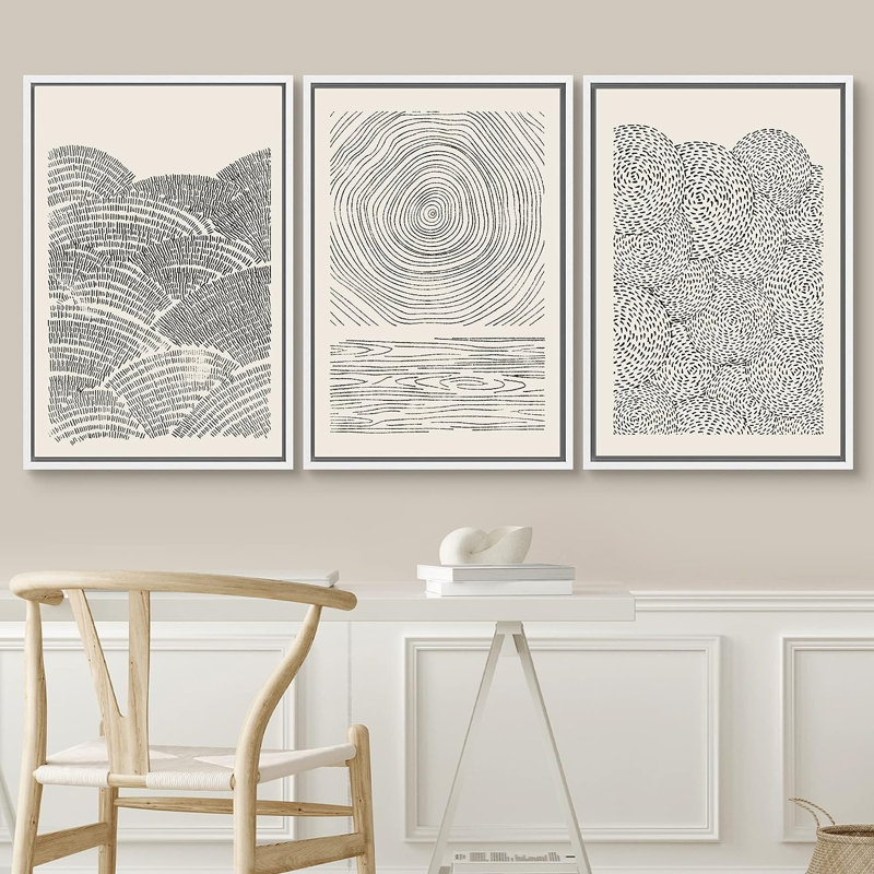 «Geometric Spiral Ring Wave», motif abstrait de formes douces et neutres encadrées sur toile, reproduction de 3 pièces