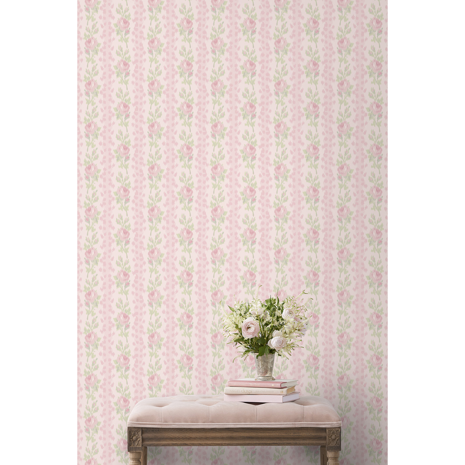 Blooming Heirloom Strawberry Macaron Rose Stripe Wallpaper