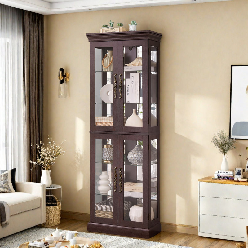Curio Display Cabinet With Glass Storage Cabinet And Glass Wine Cabinet, Cherry