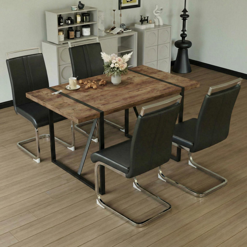 Modern Janssen With Rectangular Table & 4 Pu Leather Chairs, Black/Silver