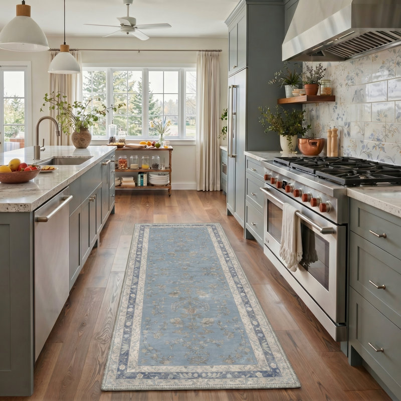 Verdant Floral Blue Mist / Beige Indoor Area Rug,Machine Washable, With Non-Slip Backing, Runner 2' x 6'