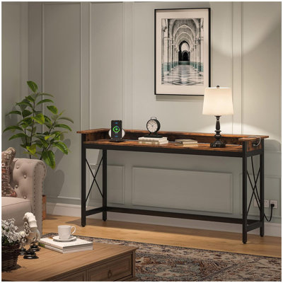 Console extra longue 70,9 po avec prises de courant et ports USB, table de canapé étroite derrière le canapé, table de bar d'entrée industrielle avec station de charge pour le salon, couloir, brun rustique