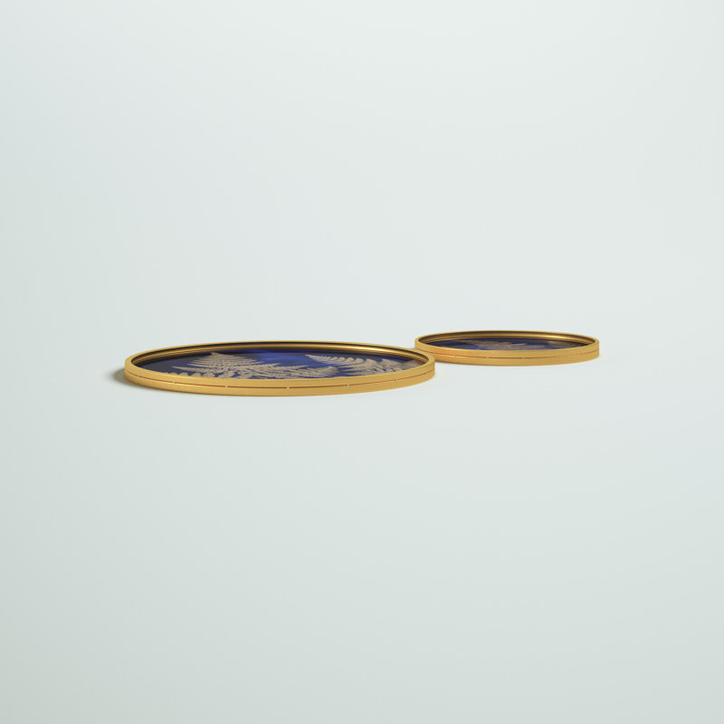Set of Two Assorted Blue and Gold Glass Trays with Fern Accents