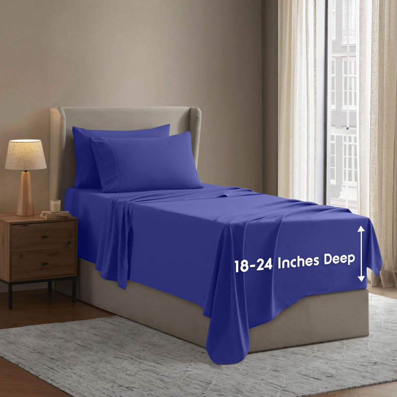 Ensemble de draps 4 pièces Luxury, Twin Fitted Sheet with 2 Pillowcases, Royal Blue