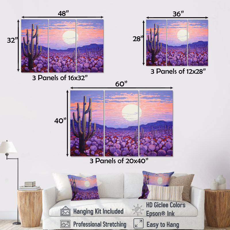 Cactus lavande paysage - ensemble d'art mural sur toile cactus floral, Toile tendue, H 28 po x l 36 po x P 1 po