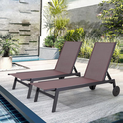  Patio Chaise Lounge Chair Set Of 2 With Wheels, Outdoor Lounge Chairs With Adjustable Backrest, Waterproof Poolside Lounge Chairs For Backyard, Pool, Beach & Patio