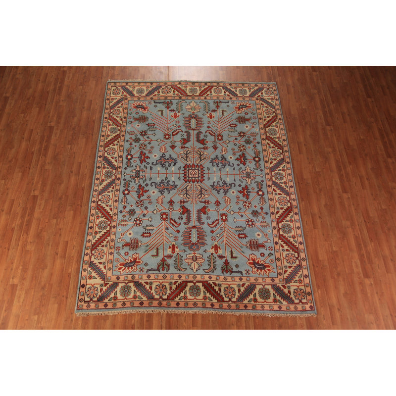 Tapis bleu clair à motif géométrique Kazak 8 x 10