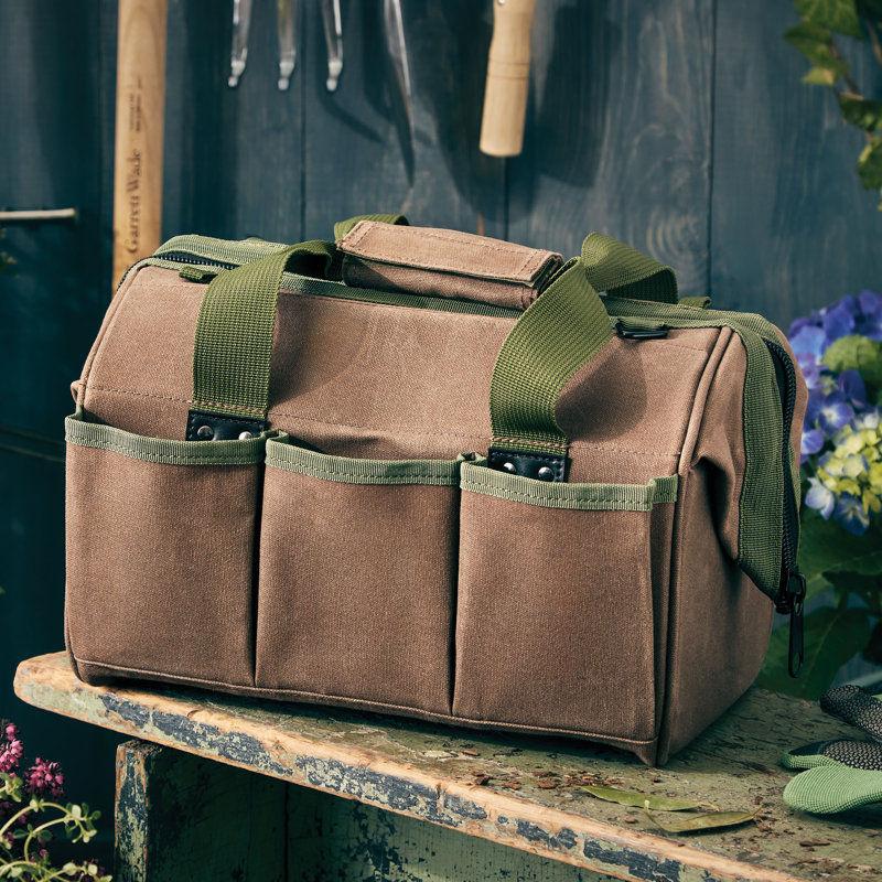 Sac à outils en toile cirée - Sac de rangement en toile robuste pour articles de jardinage ou outils à large embouchure 3 poches intérieures et 3 poches extérieures - Cadeaux de jardinage pour hommes 