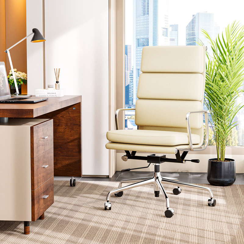 Genuine Leather Office Chair, Conference Chair With Ergonomic Lumbar Back Support, White