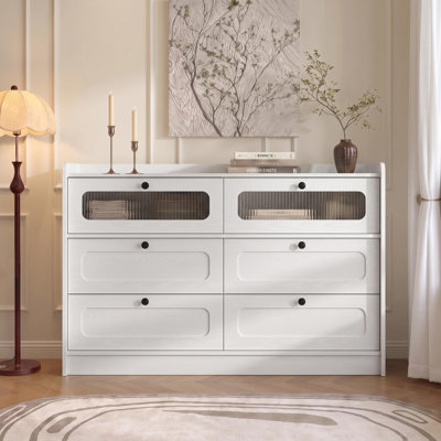 Fluted Glass Dresser with 6 Large Drawers, White