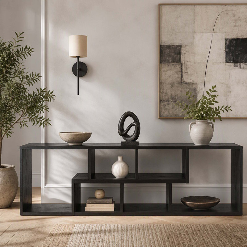 Meuble télé moderne en bois aggloméré noir, console multimédia extensible et personnalisable, centre de divertissement à combinaison libre avec tablettes de rangement ouvertes pour le salon, la chambre à coucher et le bureau
