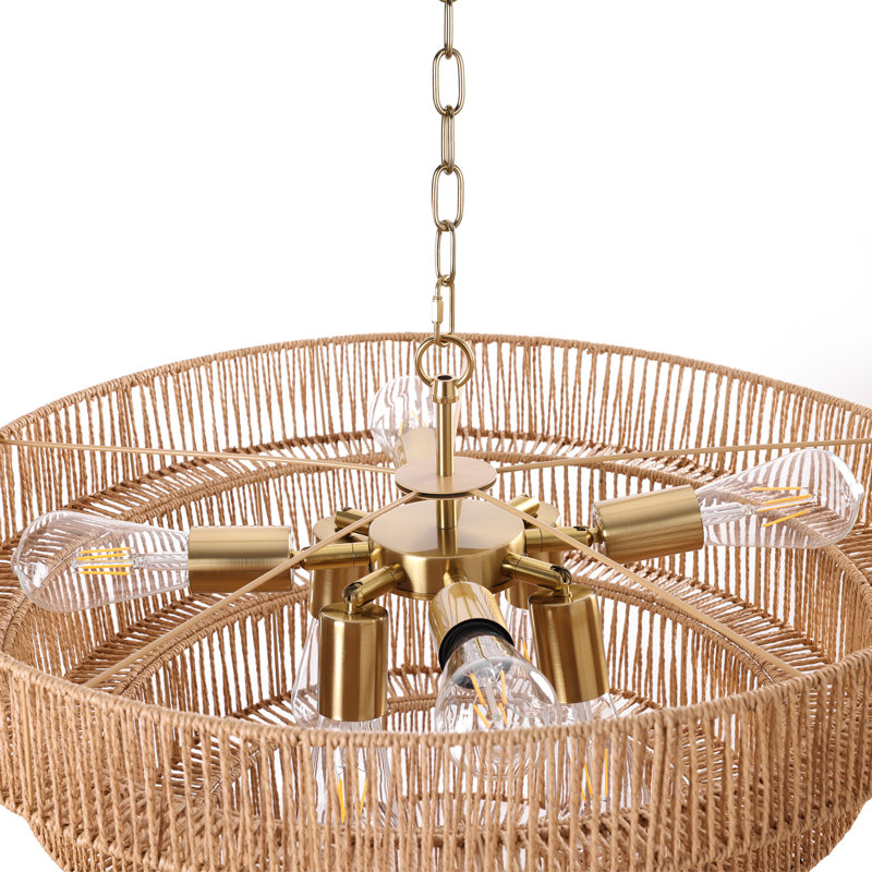 Caytlen 8-Light Dimmable Hand-Woven Rattan Tiered Chandelier, Gold