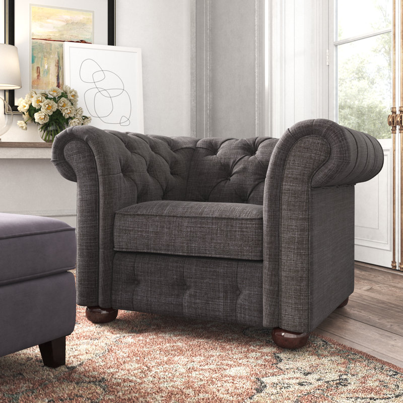 Dunn Upholstered Chesterfield Chair, Heathered Dark Gray Linen