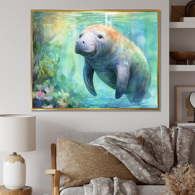 Gentle Manatee II - Animals Canvas Print, Gold Floater Framed, 34" H x 44" W x 1.5" D