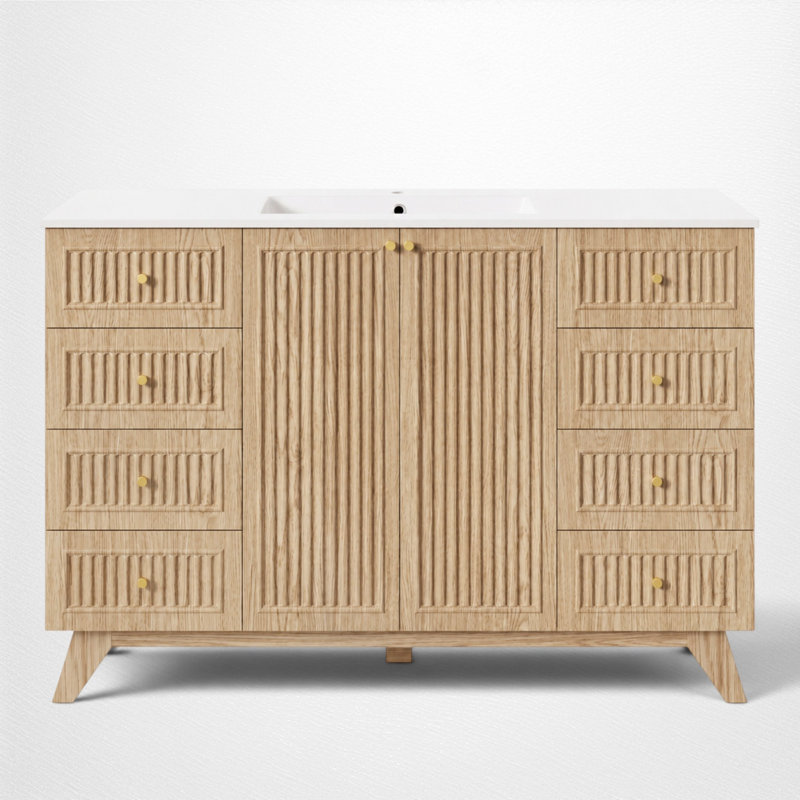 Meuble-lavabo simple de 120 cm (47,2 po) avec lavabo en résine SMC, 8 tiroirs et rangements, design cannelé, style moderne, salle de bain principale