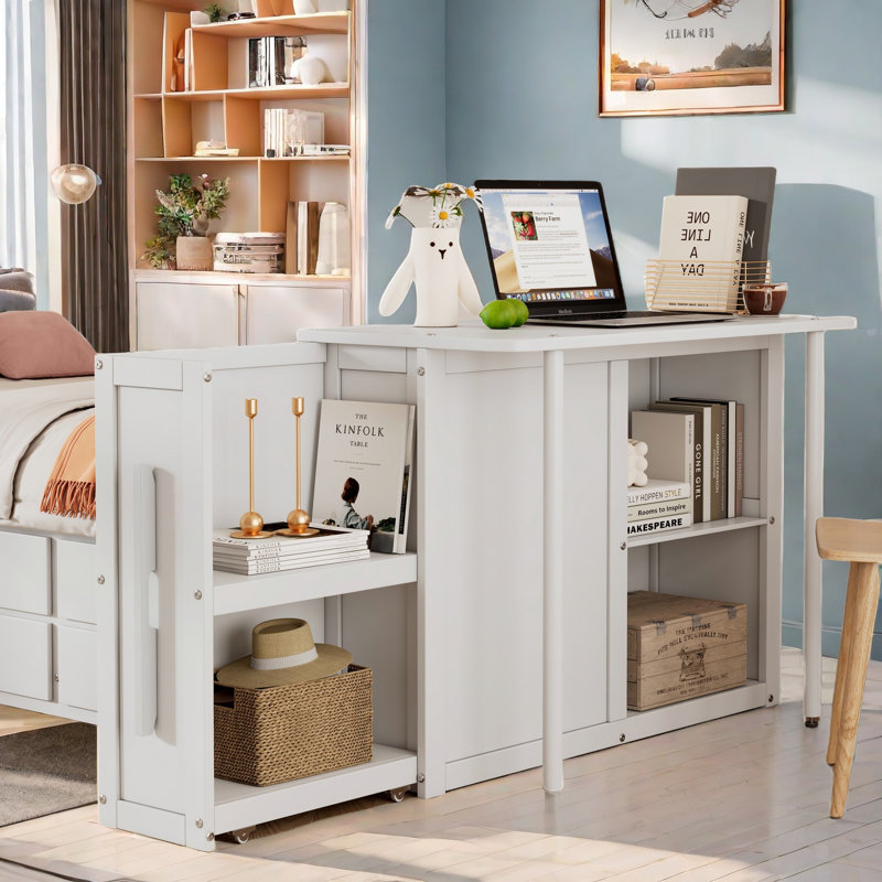 Matheny With Desk And Storage Shelves, Built-in Trundle And 3 Drawers, White