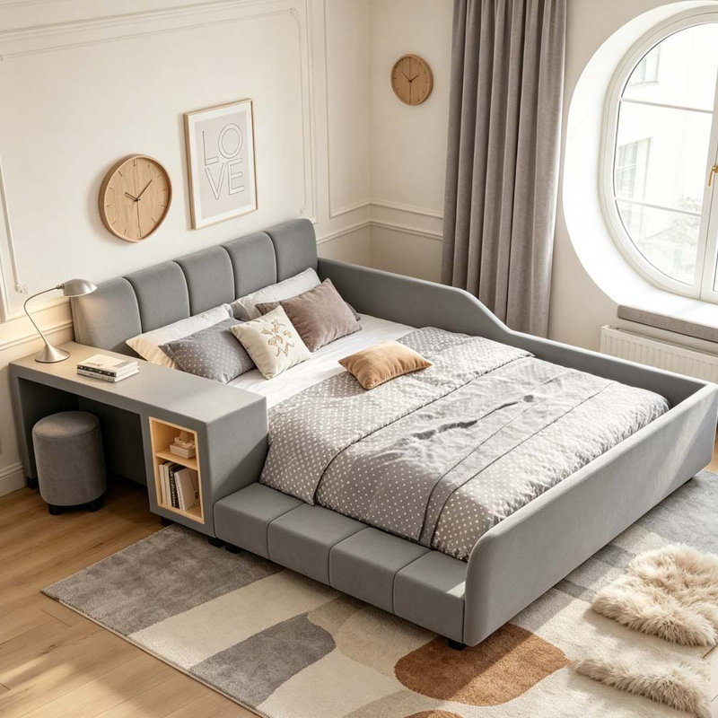 Upholstered Grounded Bed, Mother & Child Bed with Bedside Desk and Little Round Stool, Velvet, Gray, Queen
