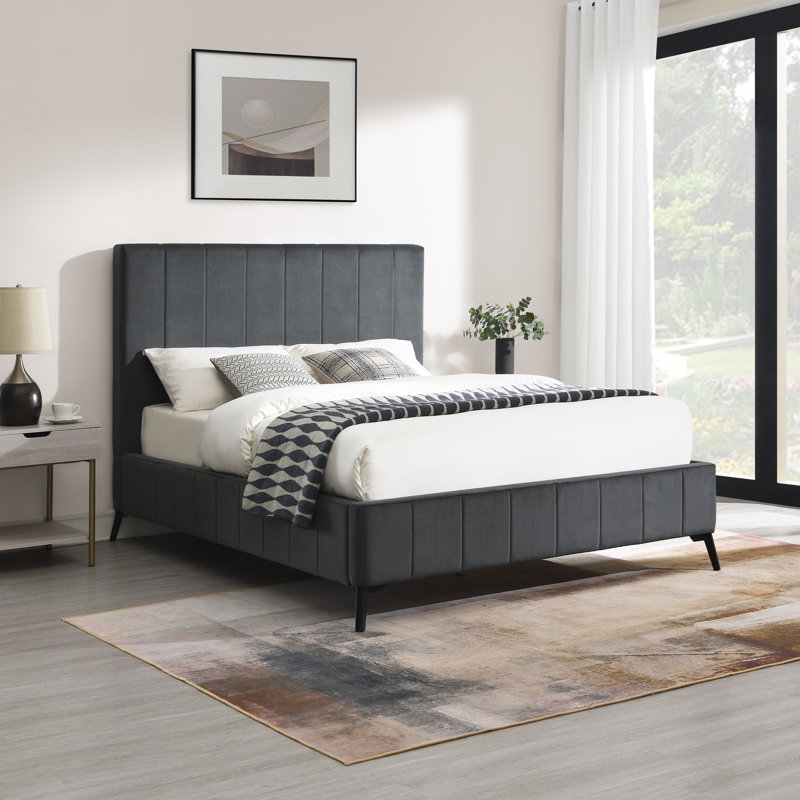 Bahoque Upholstered Platform Bed, Gris foncé, Grand