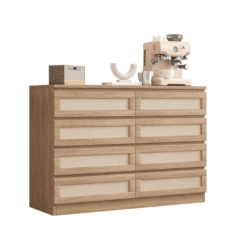 47 in Rattan 8 Drawer Dresser Modern Natural Chest of Drawer Large Wooden Bedroom Dresser with Drawers