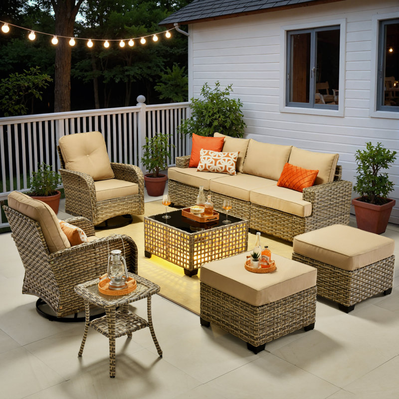 Wahkon Wicker/Rattan 5 - Person Seating Group With Swivel Chairs and Cushions, Beige
